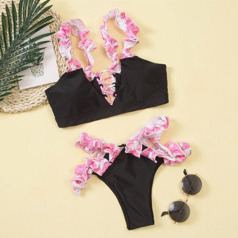 Beautiful Floral Push Up Women Bikini Push Up Bathing Suits Tie Knot Cute Ruffle Two Piece Swimsuits Swimsuit Female Swimwear Bra Cup Bikini Set High Cut Bathing Suit For Summer Stevvex