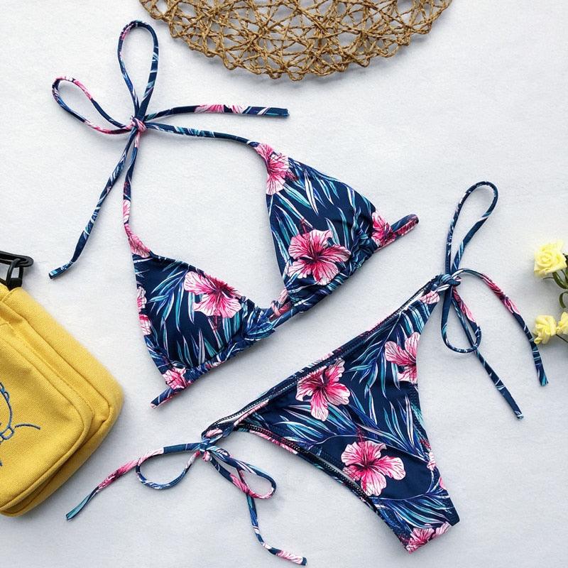 Beautiful Multicolored Women High Waist Bikini Swimwear Women Halter Push Up Bikini Set Swimsuit Women's Flower Print Bikini High Waist Beach Swimsuits Sporty Two Piece Bathing Suit Female Beach Wear Bathing Suit Stevvex