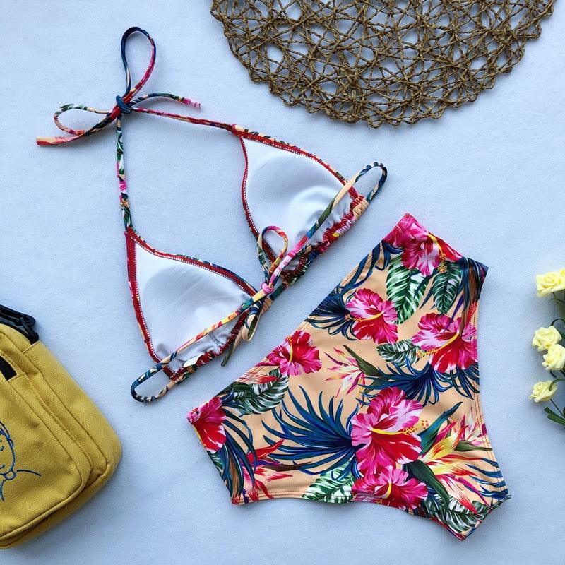 Beautiful Multicolored Women High Waist Bikini Swimwear Women Halter Push Up Bikini Set Swimsuit Women's Flower Print Bikini High Waist Beach Swimsuits Sporty Two Piece Bathing Suit Female Beach Wear Bathing Suit Stevvex