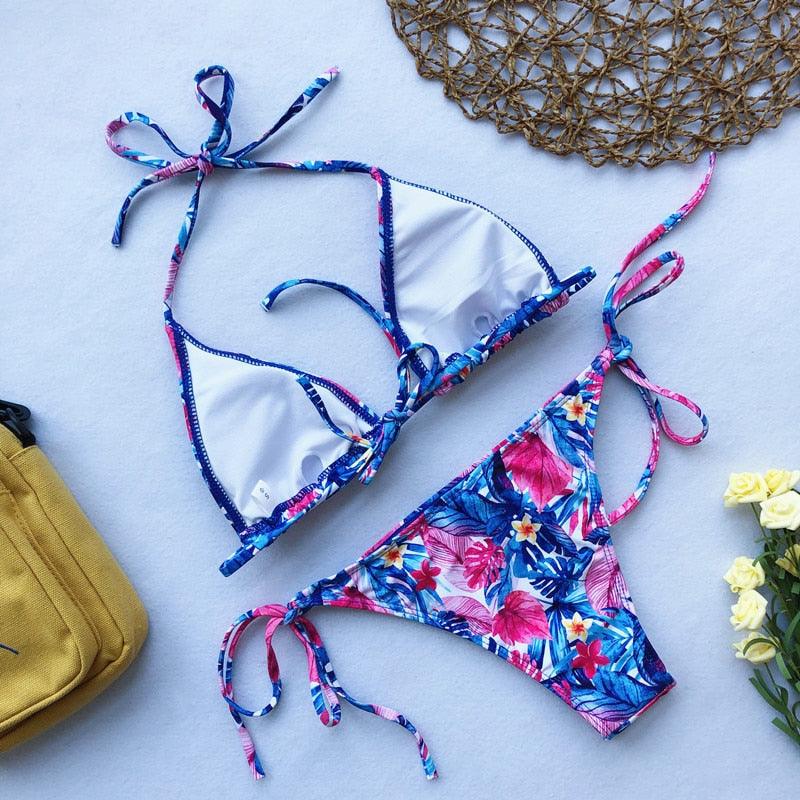 Beautiful Multicolored Women High Waist Bikini Swimwear Women Halter Push Up Bikini Set Swimsuit Women's Flower Print Bikini High Waist Beach Swimsuits Sporty Two Piece Bathing Suit Female Beach Wear Bathing Suit Stevvex