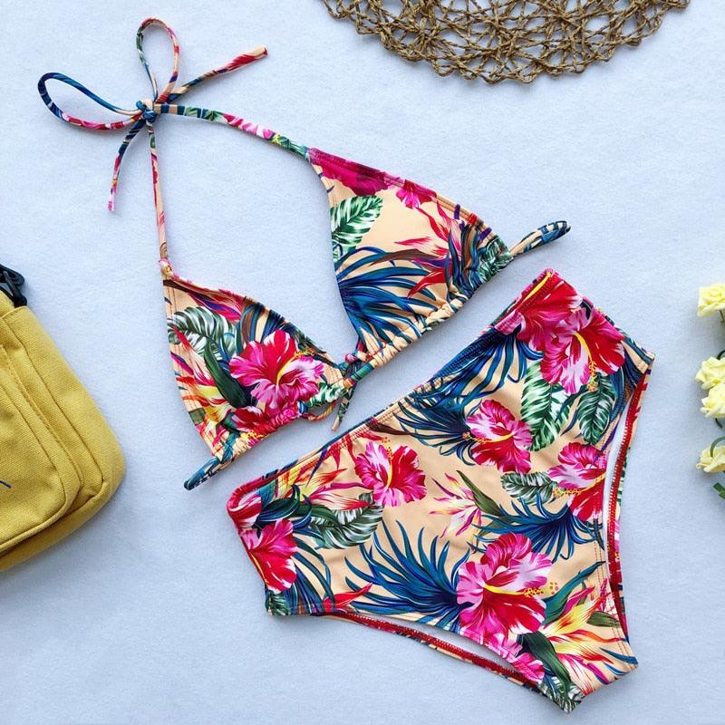 Beautiful Multicolored Women High Waist Bikini Swimwear Women Halter Push Up Bikini Set Swimsuit Women's Flower Print Bikini High Waist Beach Swimsuits Sporty Two Piece Bathing Suit Female Beach Wear Bathing Suit Stevvex