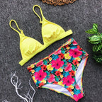Beautiful Multicolored Women High Waist Bikini Swimwear Women Halter Push Up Bikini Set Swimsuit Women's Flower Print Bikini High Waist Beach Swimsuits Sporty Two Piece Bathing Suit Female Beach Wear Bathing Suit Stevvex