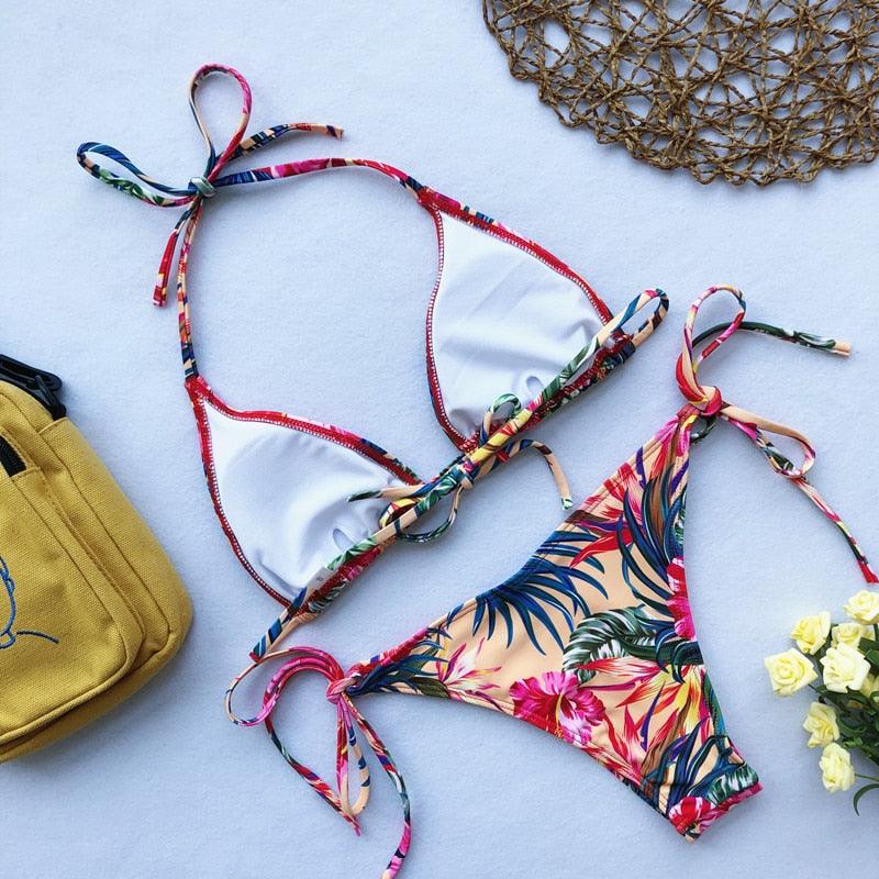 Beautiful Multicolored Women High Waist Bikini Swimwear Women Halter Push Up Bikini Set Swimsuit Women's Flower Print Bikini High Waist Beach Swimsuits Sporty Two Piece Bathing Suit Female Beach Wear Bathing Suit Stevvex