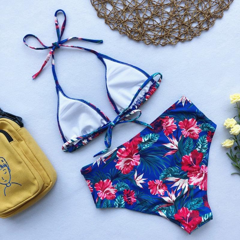 Beautiful Multicolored Women High Waist Bikini Swimwear Women Halter Push Up Bikini Set Swimsuit Women's Flower Print Bikini High Waist Beach Swimsuits Sporty Two Piece Bathing Suit Female Beach Wear Bathing Suit Stevvex