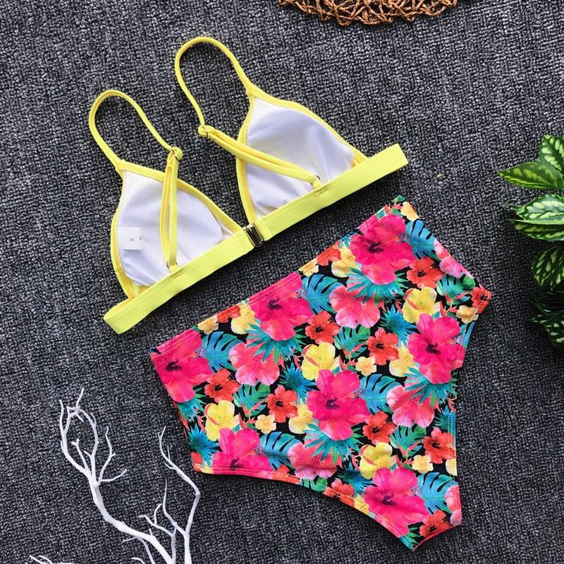 Beautiful Multicolored Women High Waist Bikini Swimwear Women Halter Push Up Bikini Set Swimsuit Women's Flower Print Bikini High Waist Beach Swimsuits Sporty Two Piece Bathing Suit Female Beach Wear Bathing Suit Stevvex