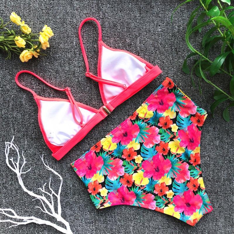 Beautiful Multicolored Women High Waist Bikini Swimwear Women Halter Push Up Bikini Set Swimsuit Women's Flower Print Bikini High Waist Beach Swimsuits Sporty Two Piece Bathing Suit Female Beach Wear Bathing Suit Stevvex