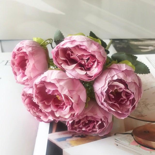 Beautiful Rose Peony Artificial Silk Eucalyptus Fake Flowers Small bouquet Flores Home Party Spring Wedding Decoration Artificial Silk Rose Flower Bouquet Lifelike Fake Rose for Wedding Home Party Decoration Event Gift Stevvex