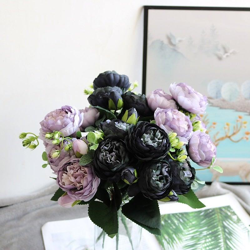 Beautiful Rose Peony Artificial Silk Eucalyptus Fake Flowers Small bouquet Flores Home Party Spring Wedding Decoration Artificial Silk Rose Flower Bouquet Lifelike Fake Rose for Wedding Home Party Decoration Event Gift Stevvex