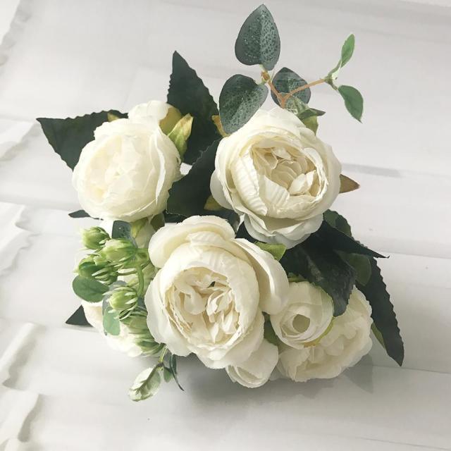 Beautiful Rose Peony Artificial Silk Eucalyptus Fake Flowers Small bouquet Flores Home Party Spring Wedding Decoration Artificial Silk Rose Flower Bouquet Lifelike Fake Rose for Wedding Home Party Decoration Event Gift Stevvex