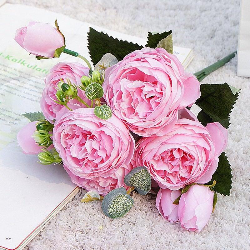 Beautiful Rose Peony Artificial Silk Eucalyptus Fake Flowers Small bouquet Flores Home Party Spring Wedding Decoration Artificial Silk Rose Flower Bouquet Lifelike Fake Rose for Wedding Home Party Decoration Event Gift Stevvex