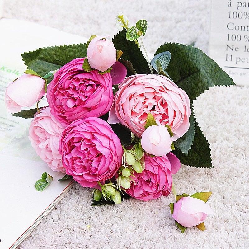 Beautiful Rose Peony Artificial Silk Eucalyptus Fake Flowers Small bouquet Flores Home Party Spring Wedding Decoration Artificial Silk Rose Flower Bouquet Lifelike Fake Rose for Wedding Home Party Decoration Event Gift Stevvex