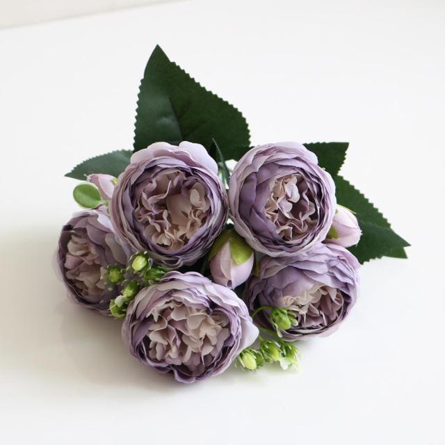 Beautiful Rose Peony Artificial Silk Eucalyptus Fake Flowers Small bouquet Flores Home Party Spring Wedding Decoration Artificial Silk Rose Flower Bouquet Lifelike Fake Rose for Wedding Home Party Decoration Event Gift Stevvex