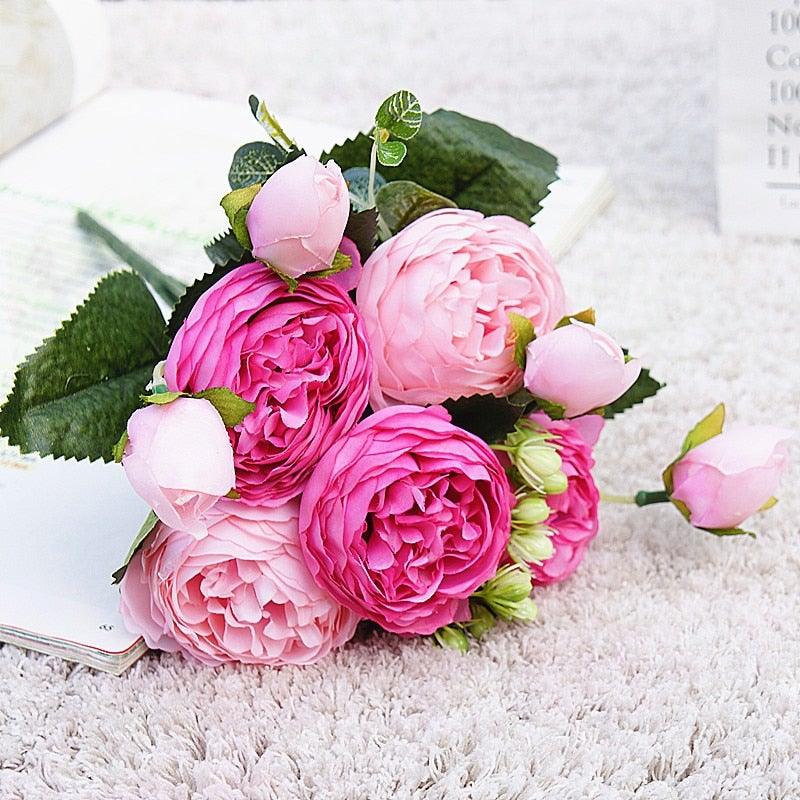 Beautiful Rose Peony Artificial Silk Eucalyptus Fake Flowers Small bouquet Flores Home Party Spring Wedding Decoration Artificial Silk Rose Flower Bouquet Lifelike Fake Rose for Wedding Home Party Decoration Event Gift Stevvex