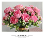 Beautiful Rose Peony Artificial Silk Eucalyptus Fake Flowers Small bouquet Flores Home Party Spring Wedding Decoration Artificial Silk Rose Flower Bouquet Lifelike Fake Rose for Wedding Home Party Decoration Event Gift Stevvex