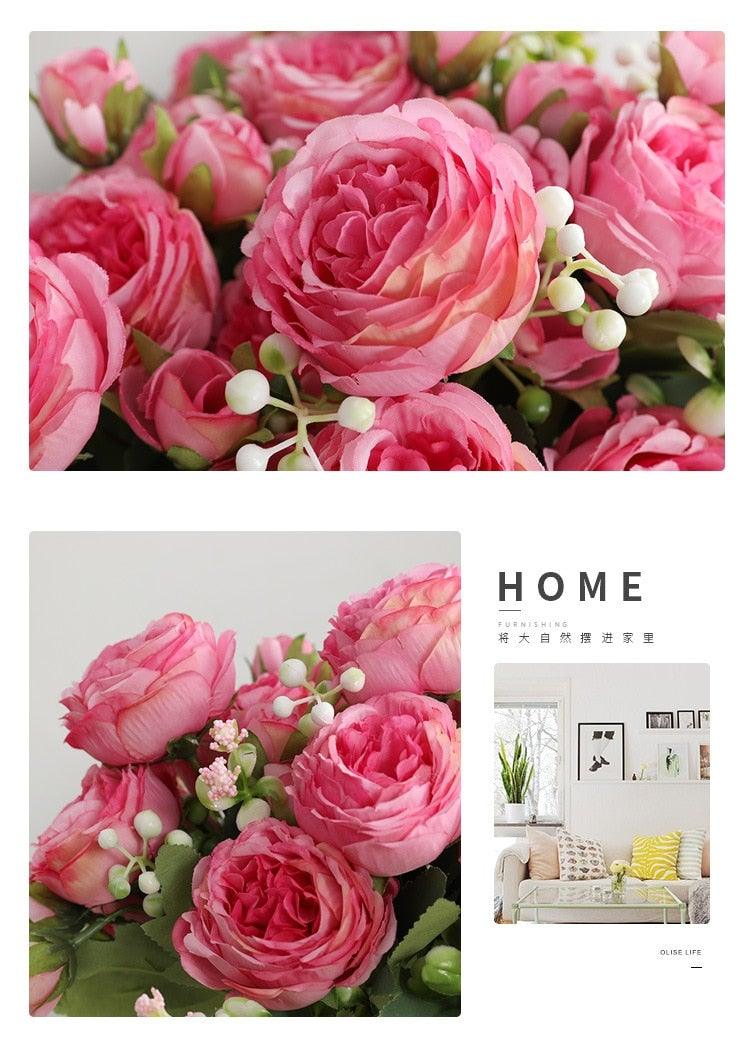 Beautiful Rose Peony Artificial Silk Eucalyptus Fake Flowers Small bouquet Flores Home Party Spring Wedding Decoration Artificial Silk Rose Flower Bouquet Lifelike Fake Rose for Wedding Home Party Decoration Event Gift Stevvex