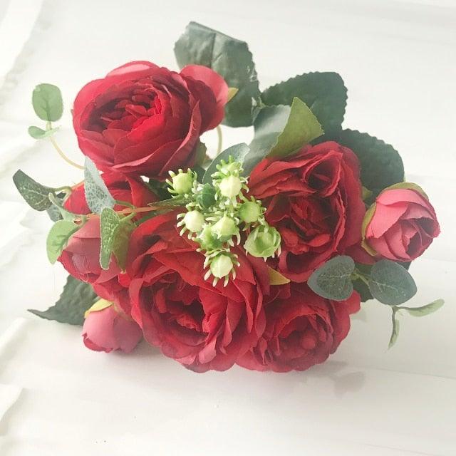 Beautiful Rose Peony Artificial Silk Eucalyptus Fake Flowers Small bouquet Flores Home Party Spring Wedding Decoration Artificial Silk Rose Flower Bouquet Lifelike Fake Rose for Wedding Home Party Decoration Event Gift Stevvex