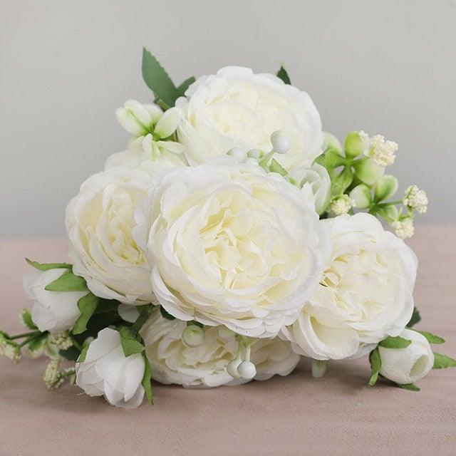 Beautiful Rose Peony Artificial Silk Eucalyptus Fake Flowers Small bouquet Flores Home Party Spring Wedding Decoration Artificial Silk Rose Flower Bouquet Lifelike Fake Rose for Wedding Home Party Decoration Event Gift Stevvex