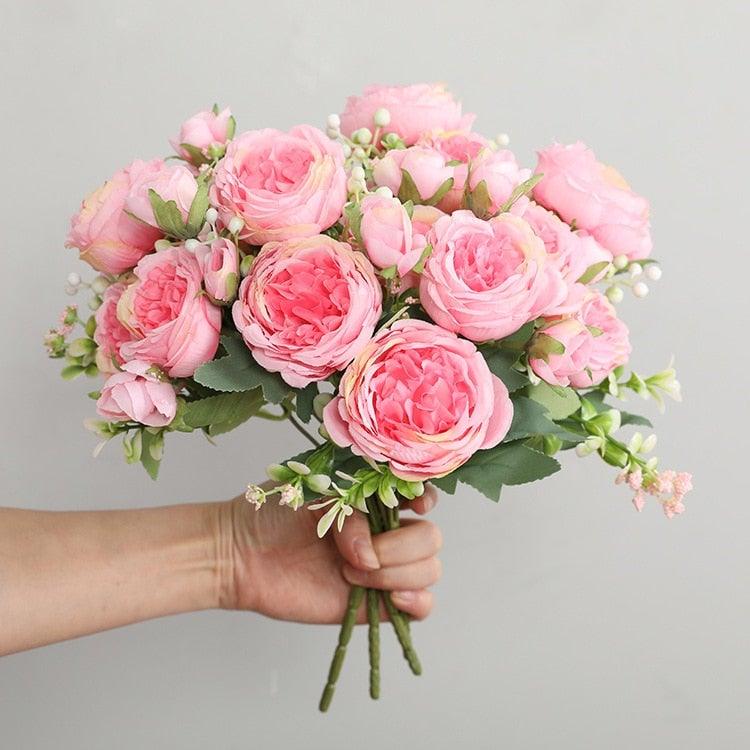 Beautiful Rose Peony Artificial Silk Eucalyptus Fake Flowers Small bouquet Flores Home Party Spring Wedding Decoration Artificial Silk Rose Flower Bouquet Lifelike Fake Rose for Wedding Home Party Decoration Event Gift Stevvex