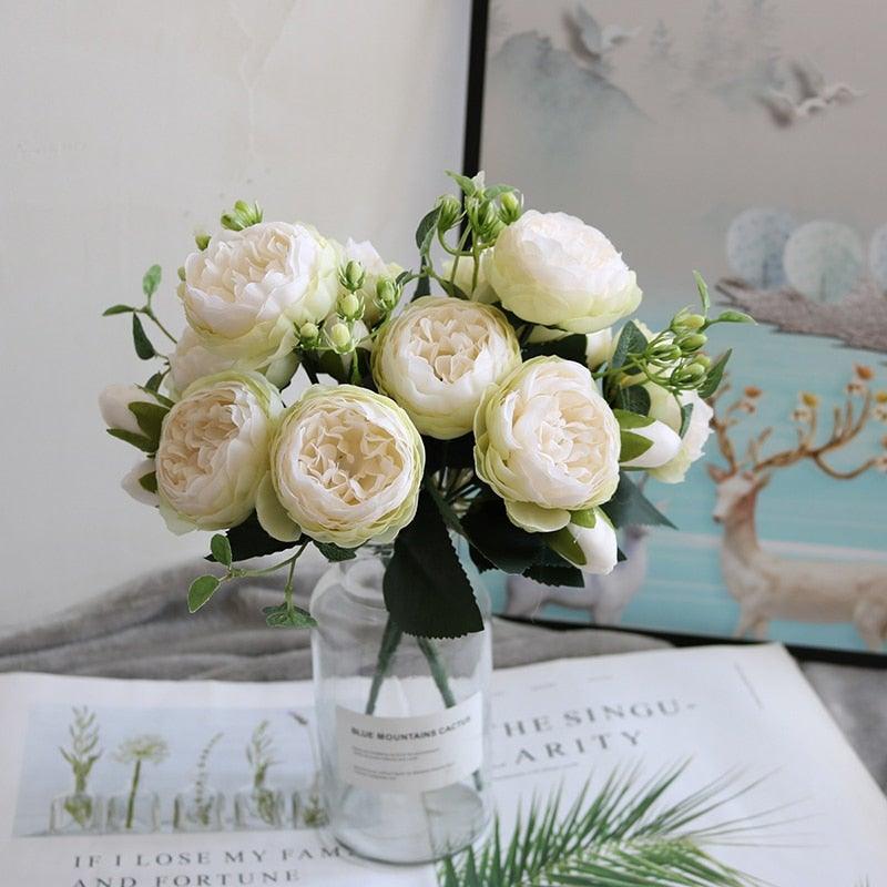 Beautiful Rose Peony Artificial Silk Eucalyptus Fake Flowers Small bouquet Flores Home Party Spring Wedding Decoration Artificial Silk Rose Flower Bouquet Lifelike Fake Rose for Wedding Home Party Decoration Event Gift Stevvex