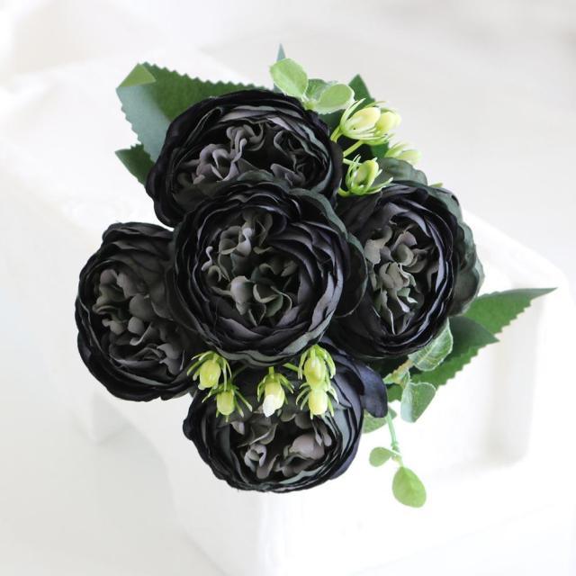 Beautiful Rose Peony Artificial Silk Eucalyptus Fake Flowers Small bouquet Flores Home Party Spring Wedding Decoration Artificial Silk Rose Flower Bouquet Lifelike Fake Rose for Wedding Home Party Decoration Event Gift Stevvex