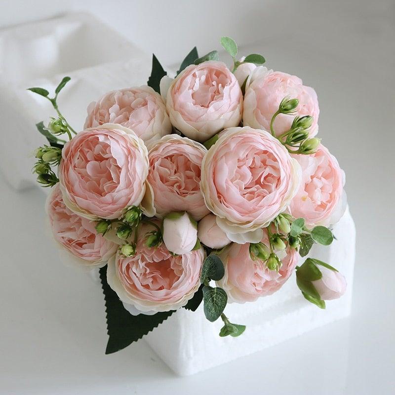 Beautiful Rose Peony Artificial Silk Eucalyptus Fake Flowers Small bouquet Flores Home Party Spring Wedding Decoration Artificial Silk Rose Flower Bouquet Lifelike Fake Rose for Wedding Home Party Decoration Event Gift Stevvex