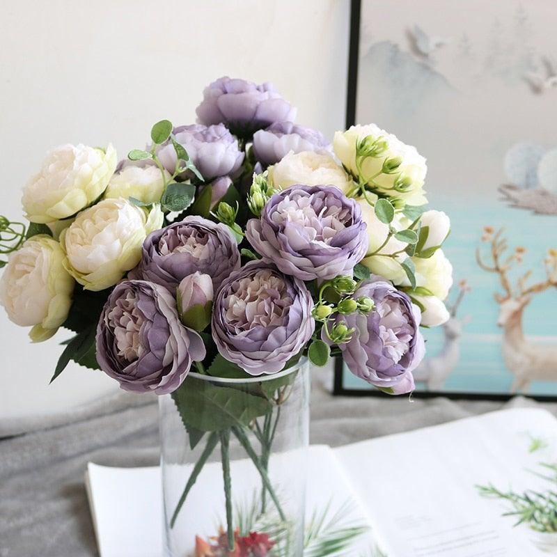 Beautiful Rose Peony Artificial Silk Eucalyptus Fake Flowers Small bouquet Flores Home Party Spring Wedding Decoration Artificial Silk Rose Flower Bouquet Lifelike Fake Rose for Wedding Home Party Decoration Event Gift Stevvex