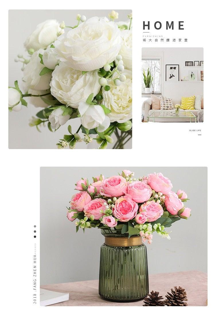 Beautiful Rose Peony Artificial Silk Eucalyptus Fake Flowers Small bouquet Flores Home Party Spring Wedding Decoration Artificial Silk Rose Flower Bouquet Lifelike Fake Rose for Wedding Home Party Decoration Event Gift Stevvex