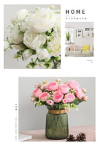 Beautiful Rose Peony Artificial Silk Eucalyptus Fake Flowers Small bouquet Flores Home Party Spring Wedding Decoration Artificial Silk Rose Flower Bouquet Lifelike Fake Rose for Wedding Home Party Decoration Event Gift Stevvex