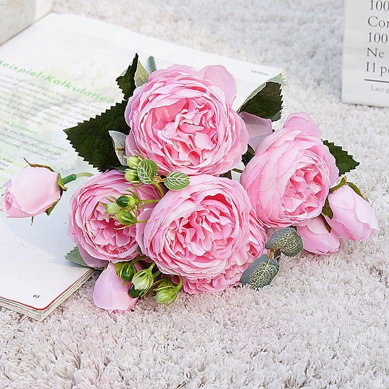 Beautiful Rose Peony Artificial Silk Eucalyptus Fake Flowers Small bouquet Flores Home Party Spring Wedding Decoration Artificial Silk Rose Flower Bouquet Lifelike Fake Rose for Wedding Home Party Decoration Event Gift Stevvex