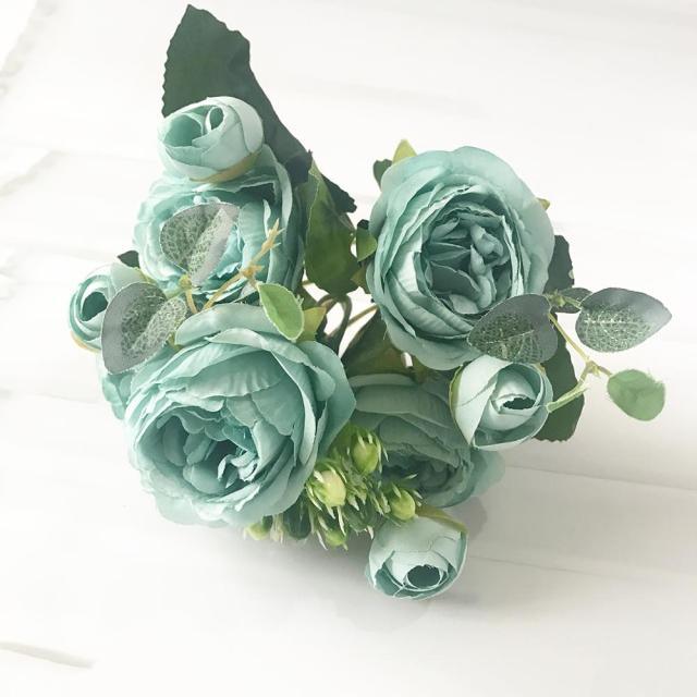 Beautiful Rose Peony Artificial Silk Eucalyptus Fake Flowers Small bouquet Flores Home Party Spring Wedding Decoration Artificial Silk Rose Flower Bouquet Lifelike Fake Rose for Wedding Home Party Decoration Event Gift Stevvex