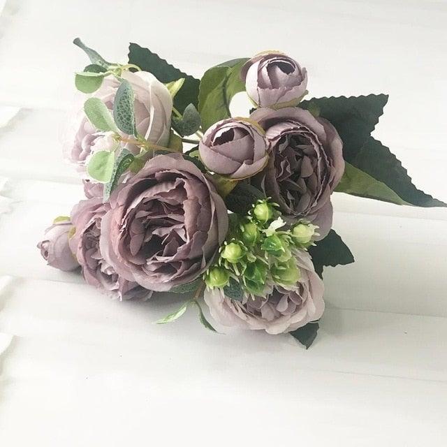 Beautiful Rose Peony Artificial Silk Eucalyptus Fake Flowers Small bouquet Flores Home Party Spring Wedding Decoration Artificial Silk Rose Flower Bouquet Lifelike Fake Rose for Wedding Home Party Decoration Event Gift Stevvex