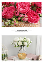 Beautiful Rose Peony Artificial Silk Eucalyptus Fake Flowers Small bouquet Flores Home Party Spring Wedding Decoration Artificial Silk Rose Flower Bouquet Lifelike Fake Rose for Wedding Home Party Decoration Event Gift Stevvex
