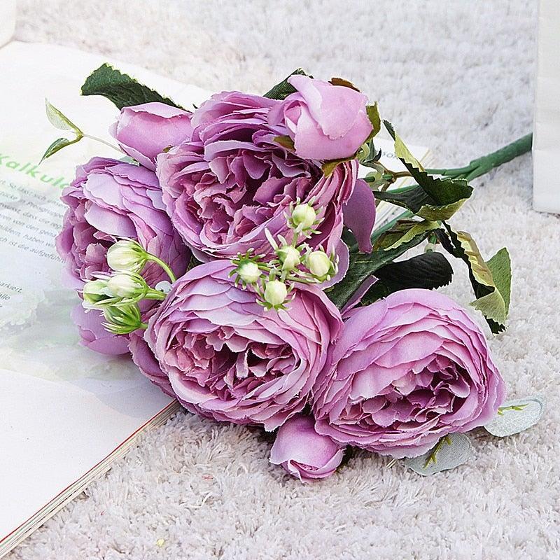 Beautiful Rose Peony Artificial Silk Eucalyptus Fake Flowers Small bouquet Flores Home Party Spring Wedding Decoration Artificial Silk Rose Flower Bouquet Lifelike Fake Rose for Wedding Home Party Decoration Event Gift Stevvex