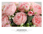 Beautiful Rose Peony Artificial Silk Eucalyptus Fake Flowers Small bouquet Flores Home Party Spring Wedding Decoration Artificial Silk Rose Flower Bouquet Lifelike Fake Rose for Wedding Home Party Decoration Event Gift Stevvex