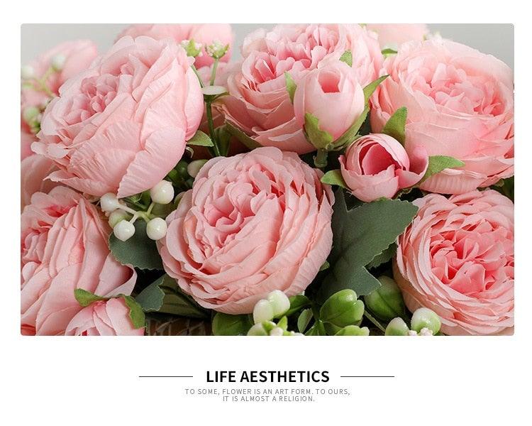 Beautiful Rose Peony Artificial Silk Eucalyptus Fake Flowers Small bouquet Flores Home Party Spring Wedding Decoration Artificial Silk Rose Flower Bouquet Lifelike Fake Rose for Wedding Home Party Decoration Event Gift Stevvex