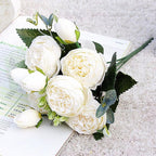 Beautiful Rose Peony Artificial Silk Eucalyptus Fake Flowers Small bouquet Flores Home Party Spring Wedding Decoration Artificial Silk Rose Flower Bouquet Lifelike Fake Rose for Wedding Home Party Decoration Event Gift Stevvex