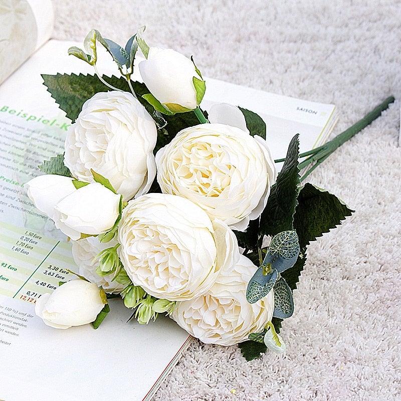 Beautiful Rose Peony Artificial Silk Eucalyptus Fake Flowers Small bouquet Flores Home Party Spring Wedding Decoration Artificial Silk Rose Flower Bouquet Lifelike Fake Rose for Wedding Home Party Decoration Event Gift Stevvex