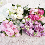Beautiful Rose Peony Artificial Silk Eucalyptus Fake Flowers Small bouquet Flores Home Party Spring Wedding Decoration Artificial Silk Rose Flower Bouquet Lifelike Fake Rose for Wedding Home Party Decoration Event Gift Stevvex