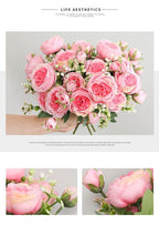Beautiful Rose Peony Artificial Silk Eucalyptus Fake Flowers Small bouquet Flores Home Party Spring Wedding Decoration Artificial Silk Rose Flower Bouquet Lifelike Fake Rose for Wedding Home Party Decoration Event Gift Stevvex
