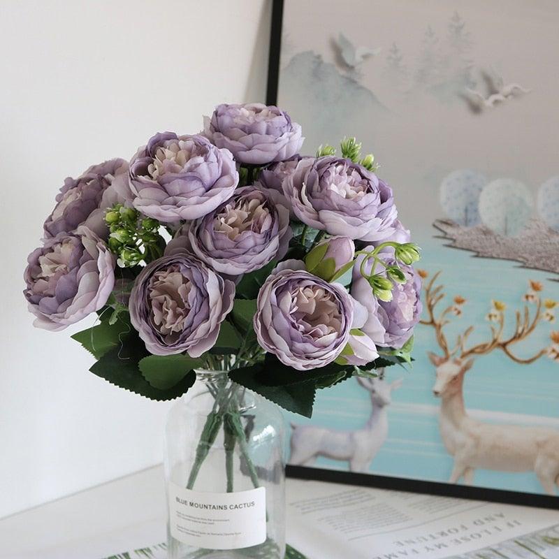 Beautiful Rose Peony Artificial Silk Eucalyptus Fake Flowers Small bouquet Flores Home Party Spring Wedding Decoration Artificial Silk Rose Flower Bouquet Lifelike Fake Rose for Wedding Home Party Decoration Event Gift Stevvex