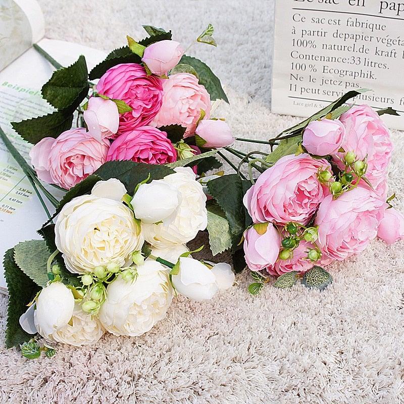 Beautiful Rose Peony Artificial Silk Eucalyptus Fake Flowers Small bouquet Flores Home Party Spring Wedding Decoration Artificial Silk Rose Flower Bouquet Lifelike Fake Rose for Wedding Home Party Decoration Event Gift Stevvex