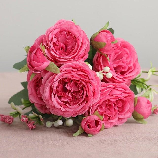 Beautiful Rose Peony Artificial Silk Eucalyptus Fake Flowers Small bouquet Flores Home Party Spring Wedding Decoration Artificial Silk Rose Flower Bouquet Lifelike Fake Rose for Wedding Home Party Decoration Event Gift Stevvex