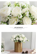 Beautiful Rose Peony Artificial Silk Eucalyptus Fake Flowers Small bouquet Flores Home Party Spring Wedding Decoration Artificial Silk Rose Flower Bouquet Lifelike Fake Rose for Wedding Home Party Decoration Event Gift Stevvex