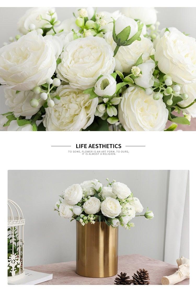 Beautiful Rose Peony Artificial Silk Eucalyptus Fake Flowers Small bouquet Flores Home Party Spring Wedding Decoration Artificial Silk Rose Flower Bouquet Lifelike Fake Rose for Wedding Home Party Decoration Event Gift Stevvex