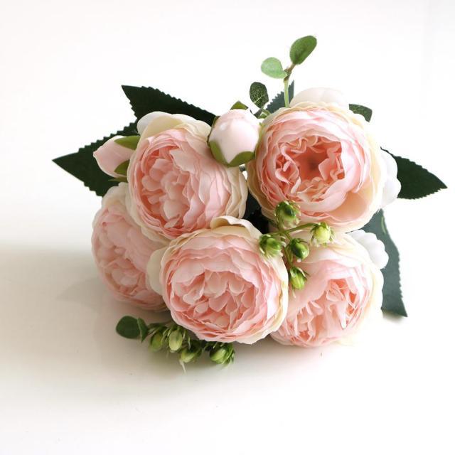 Beautiful Rose Peony Artificial Silk Eucalyptus Fake Flowers Small bouquet Flores Home Party Spring Wedding Decoration Artificial Silk Rose Flower Bouquet Lifelike Fake Rose for Wedding Home Party Decoration Event Gift Stevvex