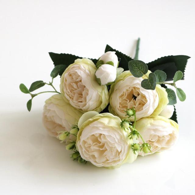 Beautiful Rose Peony Artificial Silk Eucalyptus Fake Flowers Small bouquet Flores Home Party Spring Wedding Decoration Artificial Silk Rose Flower Bouquet Lifelike Fake Rose for Wedding Home Party Decoration Event Gift Stevvex