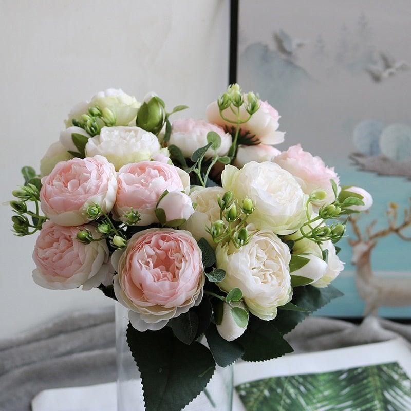 Beautiful Rose Peony Artificial Silk Eucalyptus Fake Flowers Small bouquet Flores Home Party Spring Wedding Decoration Artificial Silk Rose Flower Bouquet Lifelike Fake Rose for Wedding Home Party Decoration Event Gift Stevvex