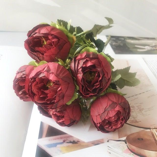 Beautiful Rose Peony Artificial Silk Eucalyptus Fake Flowers Small bouquet Flores Home Party Spring Wedding Decoration Artificial Silk Rose Flower Bouquet Lifelike Fake Rose for Wedding Home Party Decoration Event Gift Stevvex