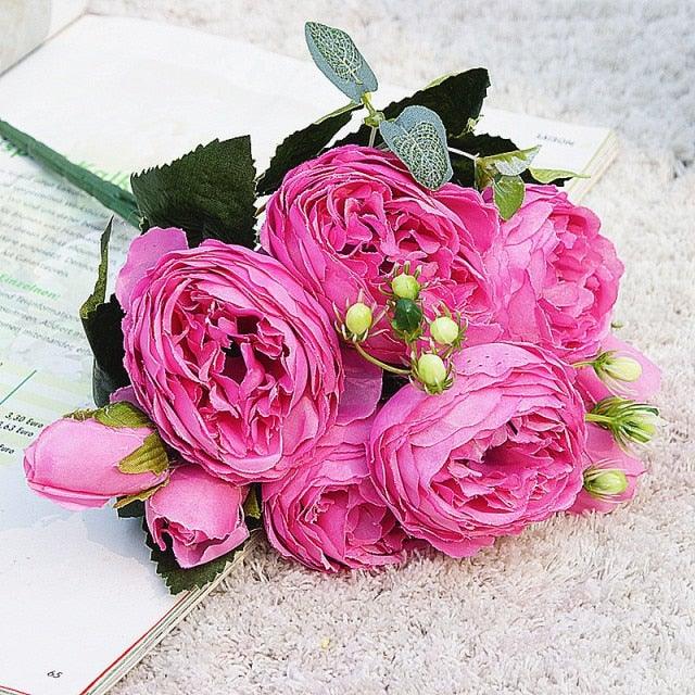 Beautiful Rose Peony Artificial Silk Eucalyptus Fake Flowers Small bouquet Flores Home Party Spring Wedding Decoration Artificial Silk Rose Flower Bouquet Lifelike Fake Rose for Wedding Home Party Decoration Event Gift Stevvex