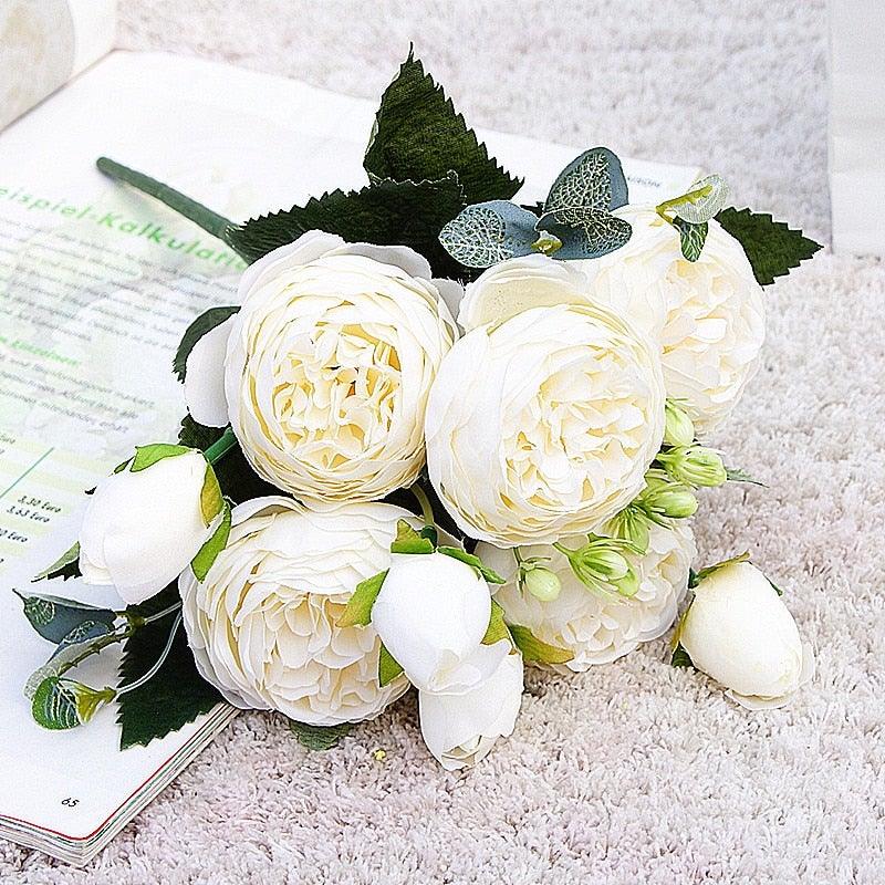 Beautiful Rose Peony Artificial Silk Eucalyptus Fake Flowers Small bouquet Flores Home Party Spring Wedding Decoration Artificial Silk Rose Flower Bouquet Lifelike Fake Rose for Wedding Home Party Decoration Event Gift Stevvex